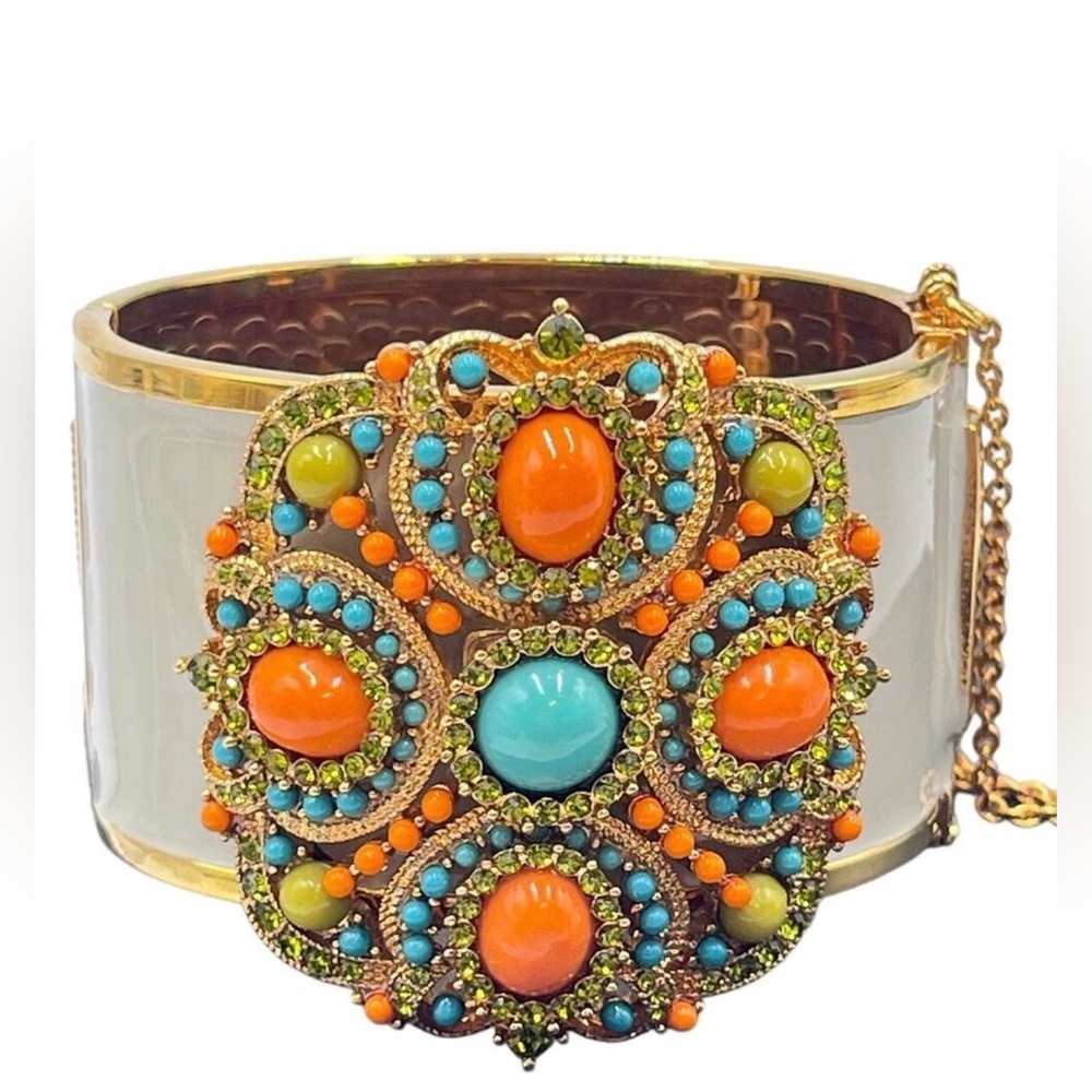 NWT Vintage Retro Luxury Rare J. Crew Wide Coral Turquoise Enamel Statement Cuff